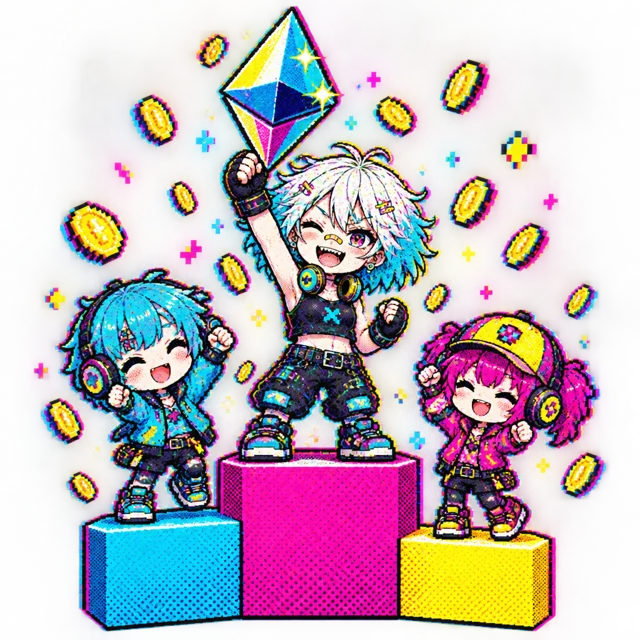Three traders on a podium, the winner holding an ether crystal